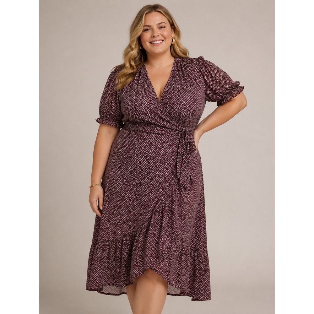 Draper James Burgundy Geometric Tile Faux Wrap Midi Dress XL Short Puff Sleeve